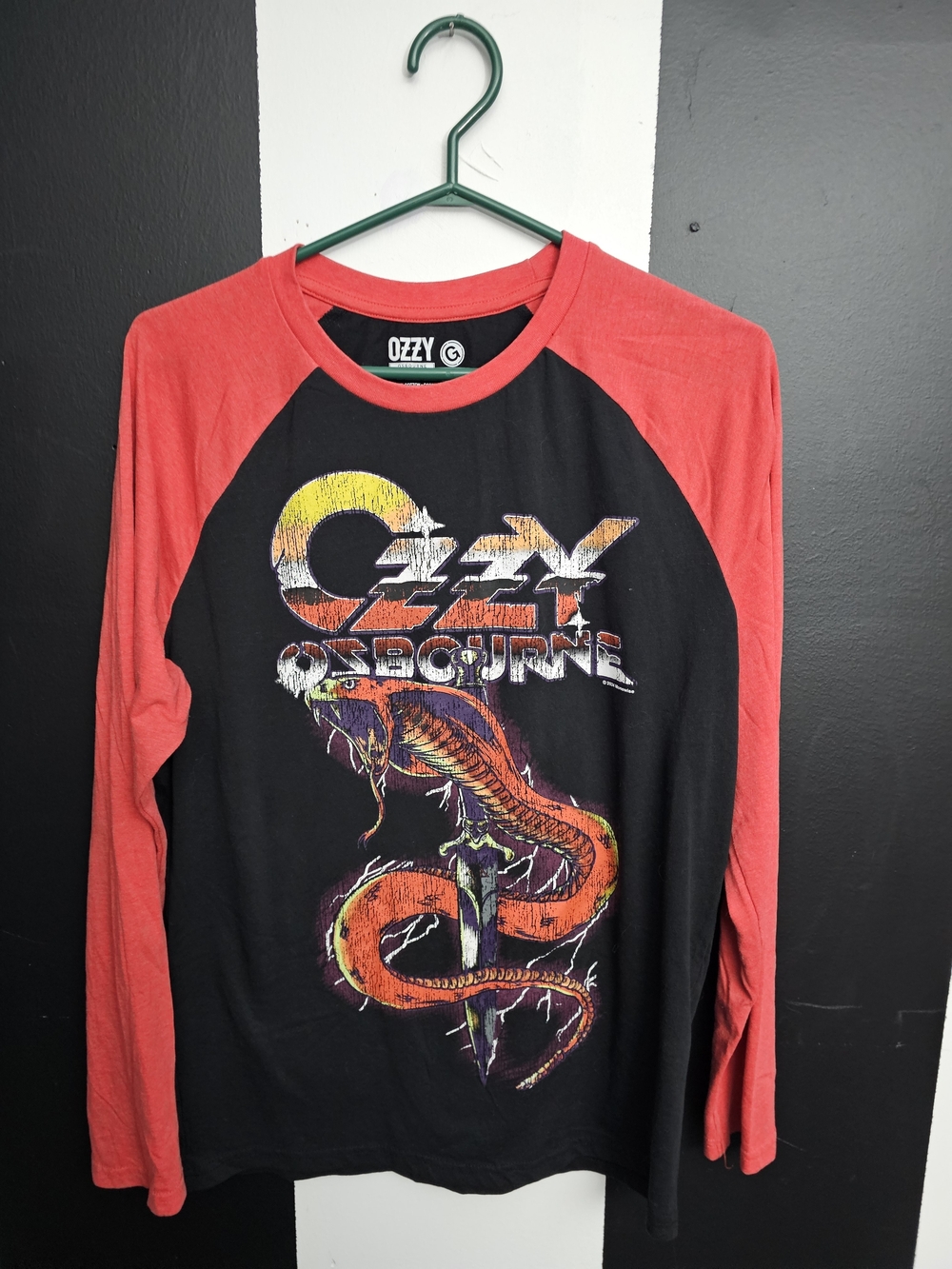 Ozzy Osbourne Black Raglan Long Sleeve Tee with Red Sleeves